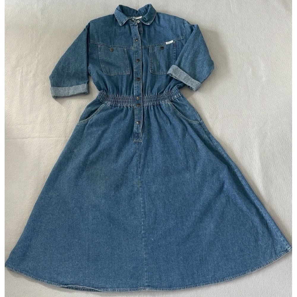 VTG 80s Dreams Denim Shirt Dress Snap Front M Western Prairie Coastal Cowgirl